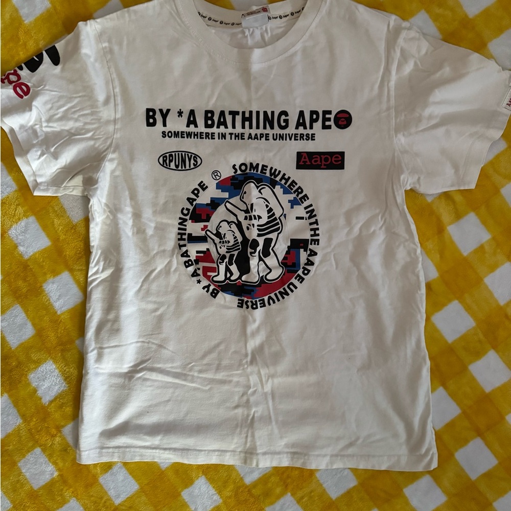 Bape White Kids Short Sleeve Tee with Black and Red Graphics